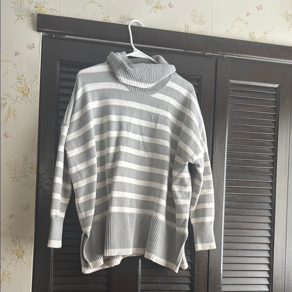 Striped Gray and White Turtleneck Sweater